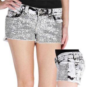 Daytrip Capricorn Sequin Denim Shorts Bling Cut Off Frayed Jeans